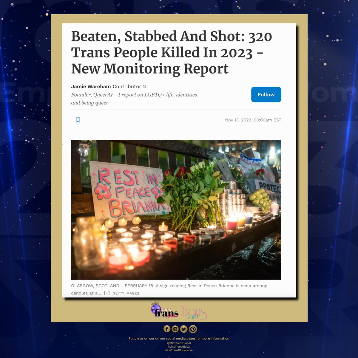 MissTransGlobal's tweet photo. This total is very close to the 327 cases reported in the previous year, showing that deadly violence against trans people remains at a consistently high level. #TransDayOfRemembrance #TDOR https://t.co/DoLocieFtf
