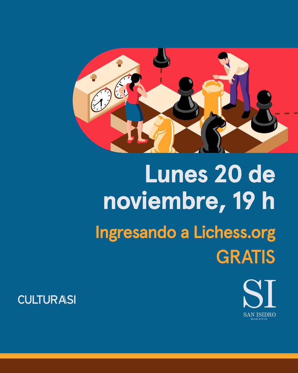 Hoy #LUNES te invitamos a participar del torneo virtual de #AJEDREZ a través de lichess.org🙂♟️

📆 Lunes 20 de noviembre
🕒19 h
🎟Gratis
ℹ️ Consultas e informes:
11.3704.2921 (Prof. Pablo Zapata)
11.4039.8585 (Prof. Enrique Rojo Lynch) 

#CulturaSI 
<a href="/sanisidrogob/">San Isidro</a>