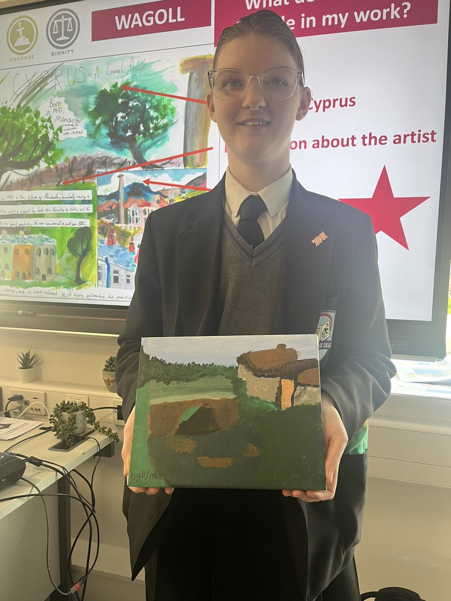 Olivia <a href="/NewmanRCCollege/">Newman Catholic College</a> painted this painting for me at home, inspired by our town and the work of @ChrisCyprus Great to see independent learning, thank you! 💜🎨