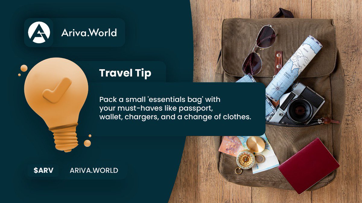 Ariva_World's tweet photo. ✈️ Travel Tip: Pack a small 'essentials bag' with your must-haves like passport, wallet, chargers, and a change of clothes.

Keep it with you during your flight or journey for peace of mind.

 With Ariva World, plan your travels smarter and stress-free. Stay tuned for more travel tips! 🌍🎒

#ArivaWorld #Travel $ARV #Wanderlust #Exploremore