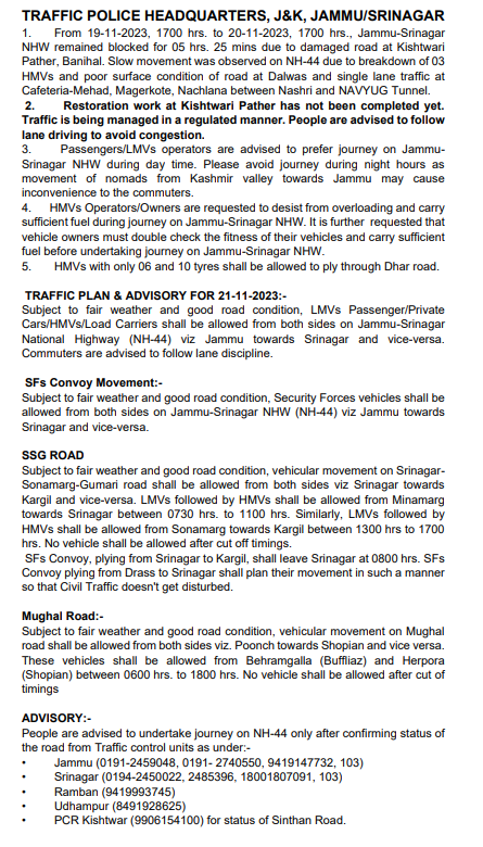 Traffic_hqrs's tweet photo. Traffic plan/advisory for 21-11-2023
@JmuKmrPolice
@JKTransportDept
@OfficeOfLGJandK
@Divcomjammu
@DivisionalComm1
@ZPHQJammu
@igpjmu
@diprjk
@ddnews_jammu
@ddnewsSrinagar
@ddnewsladakh https://t.co/JzC1RCKGln