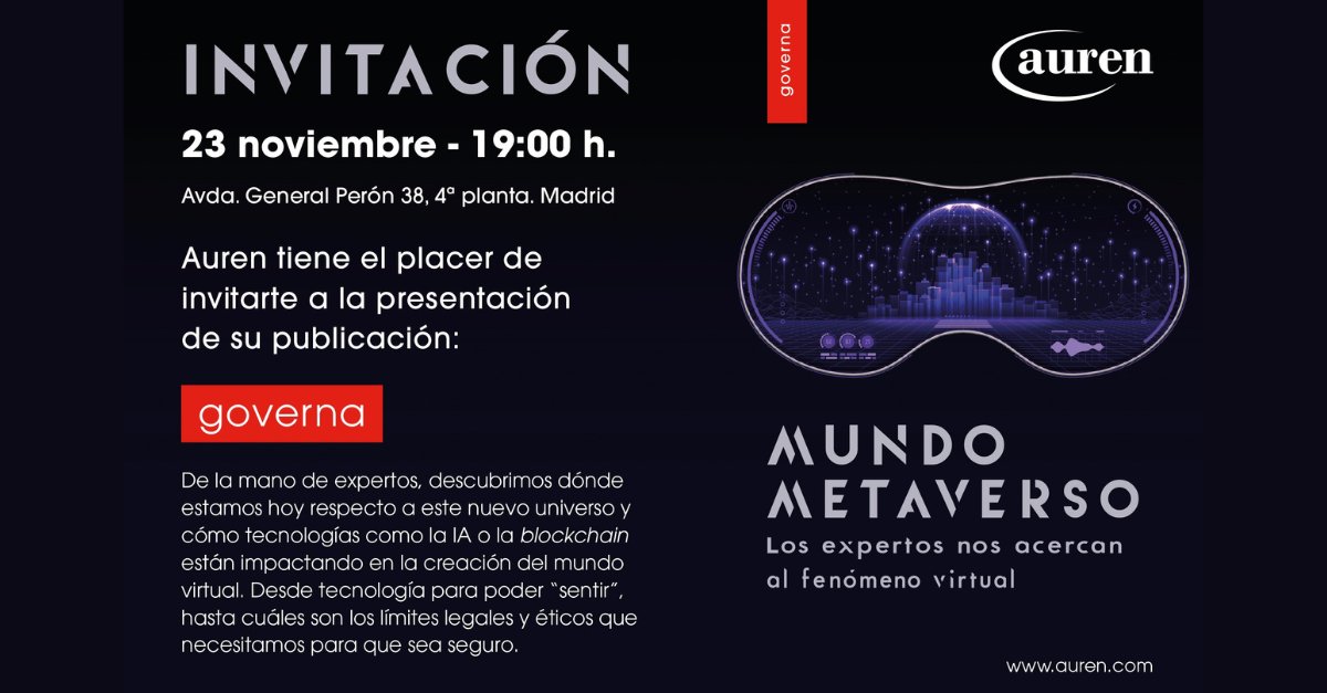 ¡Ya quedan pocos días para la presentación de "Mundo Metaverso!🥽
Descubre el fenómeno virtual el próximo 23 de noviembre, de la mano de los mayores expertos de nuestro país.
No pierdas la oportunidad de asistir al evento de presentación ¡Inscríbete!⬇

auren.com/es/evento/pres…