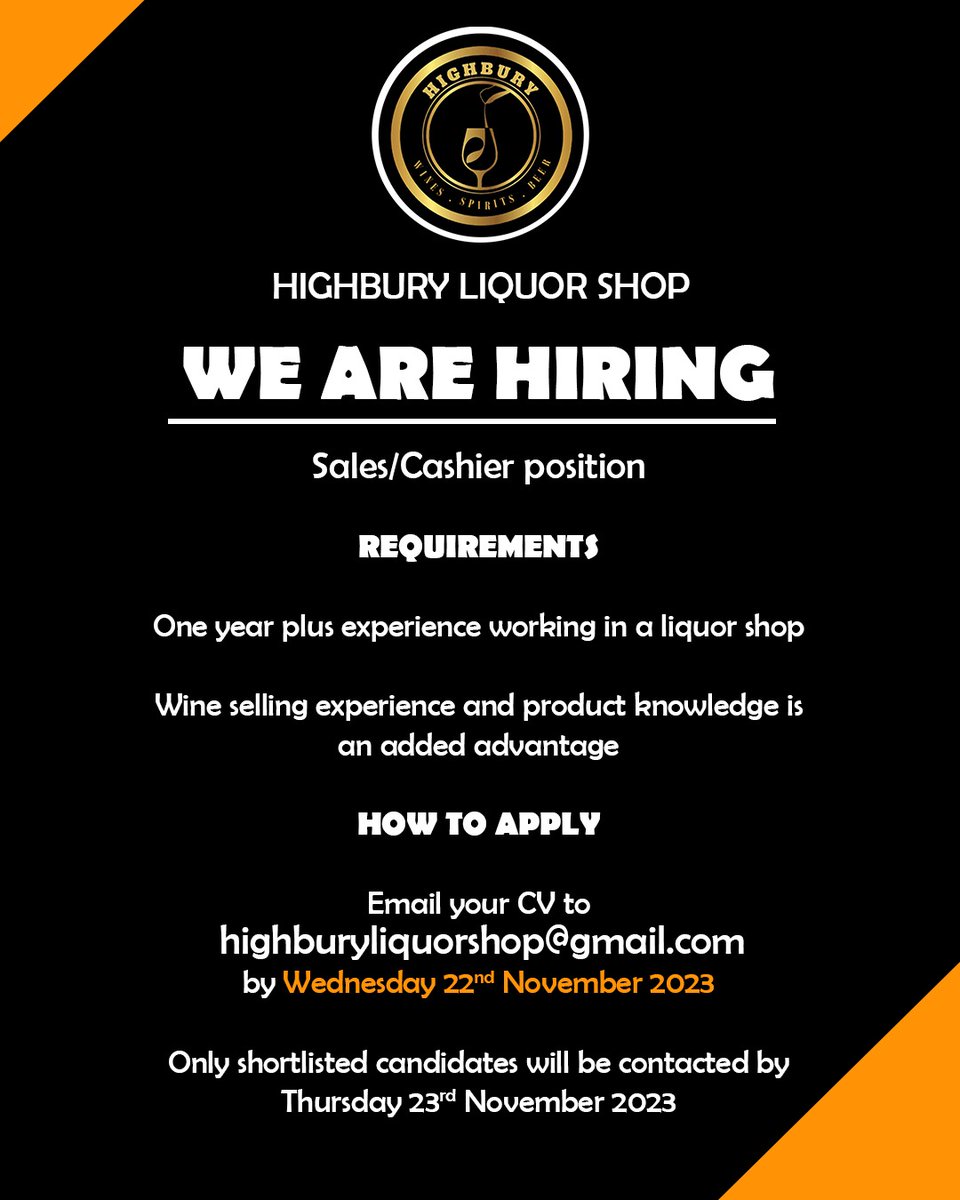 Highbury Liquor Shop (@shophighbury) on Twitter photo <a href="/ShopHighbury/">Highbury Liquor Shop</a> is hiring. Please check the poster for the requirements and how to apply for the job
#highburyliquorshop #jobs #hiring #liquorshop #nairobi #jobvacancy #jobopportunity <a href="/ShopHighbury/">Highbury Liquor Shop</a> is hiring. Please check the poster for the requirements and how to apply for the job
#highburyliquorshop #jobs #hiring #liquorshop #nairobi #jobvacancy #jobopportunity