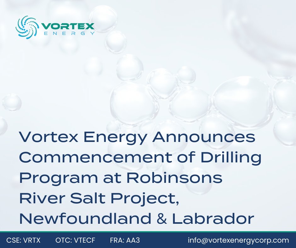 VRTXEnergy's tweet photo. Vortex Energy Announces Commencement of Drilling Program at Robinsons River Salt Project, Newfoundland &amp; Labrador $VRTX $VTECF #salt #hydrogen #mining 

https://t.co/HC6GR6cYcx https://t.co/c1LOfdpljs