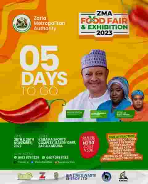 This is the countdown to the most exciting #zmafoodfairandexhibition 🔊🔊🔊5 DAYS TO GO🔊🔊🔊 Secure your stalls and get ready for for an exciting weekend for the whole family.@GovKaduna @DepGovKaduna @BalarabaA_Inuwa @Abdullahi_Lere @Zazzau_Emirate