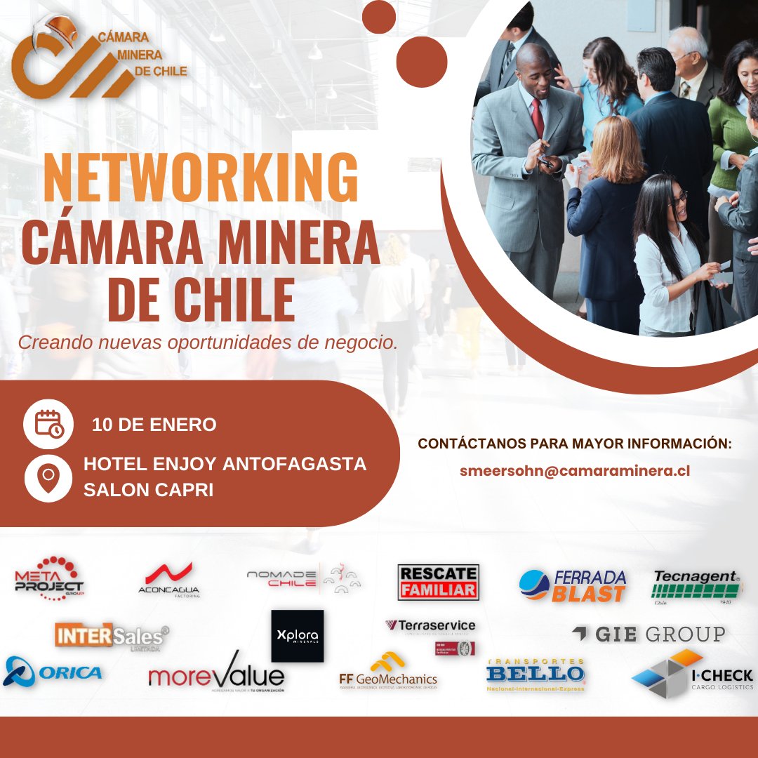 Los invitamos a reservar el próximo 10 de enero de 2024 para participar en el Networking que realizaremos en Hotel Enjoy de Antofagasta, para generar nuevas oportunidades de negocio.
Para consultas escribir a smeersohn@camaraminera.cl

<a href="/patocartagen/">Patricio Cartagena Diaz</a>  <a href="/JennyJARojas/">Jenny Rojas</a>  <a href="/BrendaQ_Paz/">Brenda Quisberth Paz</a>