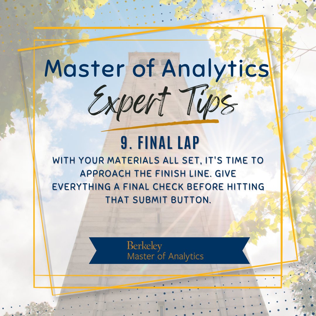 BerkeleyAnalytx's tweet image. Final Lap 🏁 Before hitting submit, review your materials with our checklist. Ensure all is in order for a complete, electronic submission. No hard copies are needed. Double-check with a second pair of eyes for peace of mind! 👀 #FinalCheck #ApplicationSuccess
