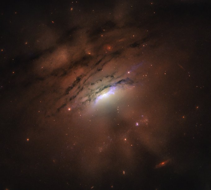 Rust-colored view of space, with a bright, narrow purple region at the center, a galaxy. Background stars and galaxies are scattered sparsely—this is a dusty rather than starry scene. To the upper left of the bright central region are dark dust lanes. Opposite these to the lower right, one dark area extends from the central bright region and splits into two dark rays. Similar dark rays can be seen to the top left, behind the dust lanes. The edges of the entire image are dark, fading from the colored center. 