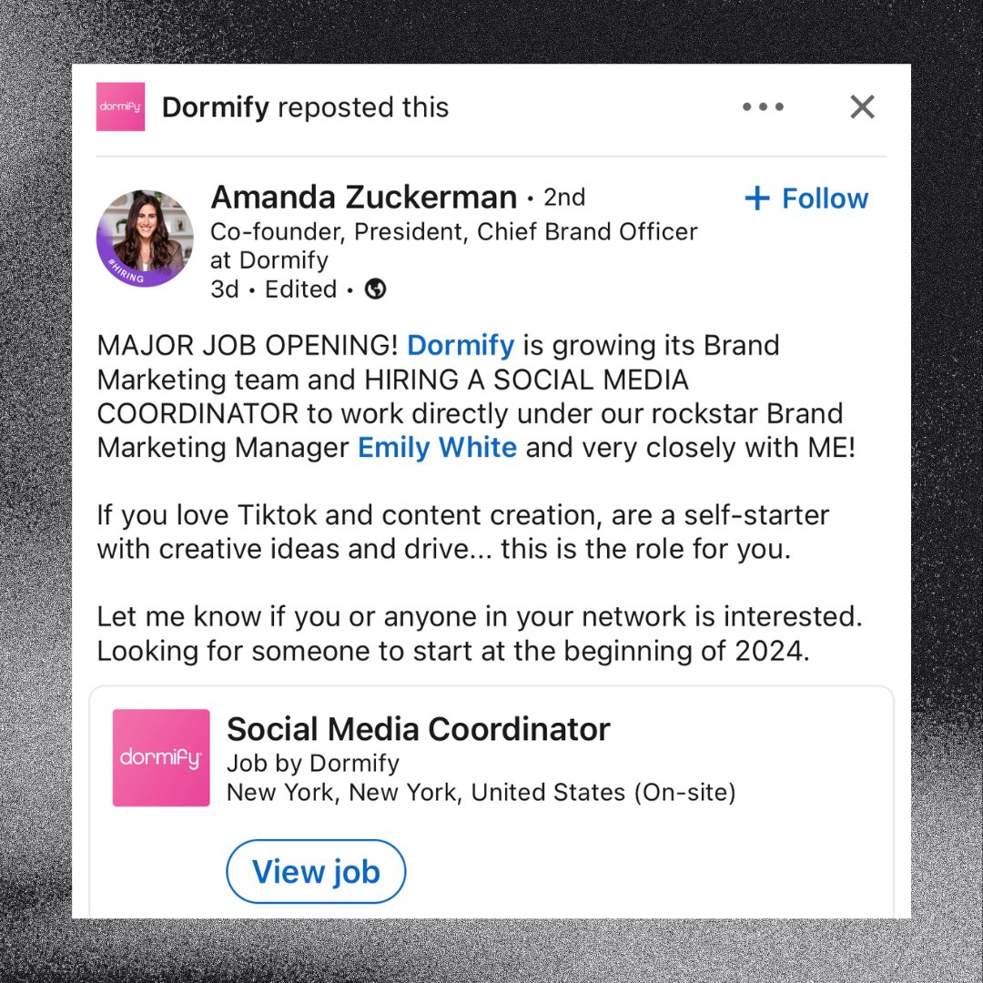 MAJOR JOB OPENING!!!! #Dormify #ReignVentures #PortfolioCompany #SocialMediaCoordinator 

APPLY NOW AT dormify.applytojob.com/apply/AWaopJCT… ⭐️