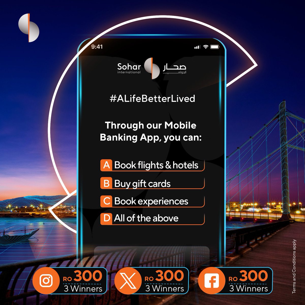 شاركوا في مسابقة "انعم بحياة أفضل" لفرصة الفوز من إجمالي جائزة نقدية تقدر بـ ٣٠٠ ر.ع  

للمشاركة:
١- تابع حسابنا
٢- منشن ٢ من أصدقائك
٣- شارك بالإجابة الصحيحة 

تطبق الشروط والأحكام

#صحار_الدولي #انعم_بحياة_أفضل