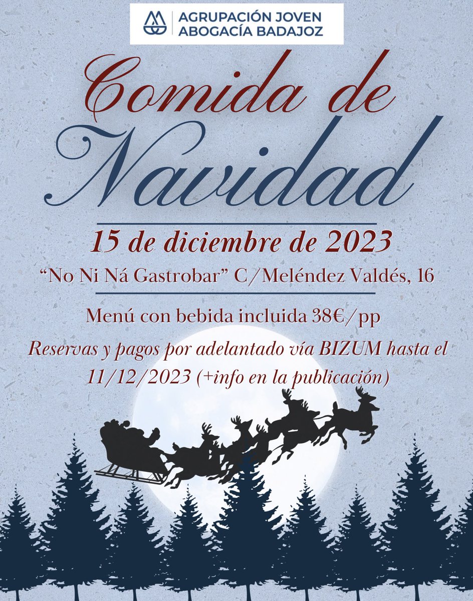 Comida de NAVIDAD 2023 organizada por AJABA 🎄

🗓 15/12/2023
📍NoNiNá Gastrobar (C/ Meléndez Valdes 16)
📩 Inscripciones a: AJABA@icaba.com (fin de plazo el 11/12)
💰38€/pp (menú + bebida durante el mismo)

‼️ Pagos por BIZUM (preguntad número por DM)
+ info en nuestra web