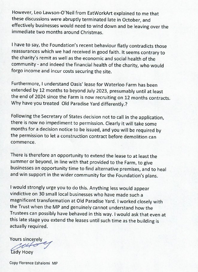 savewaterloo_'s tweet photo. Brilliant that @CatharineHoey has written an open letter to the the Guy's and St Thomas' Foundation to stop the evictions at Old Paradise Yard. Kate visited us last week to meet residents and support our campaign. Amazing if @FloEshalomi could add her support. Photos/video below. https://t.co/V2LTjKJuZW