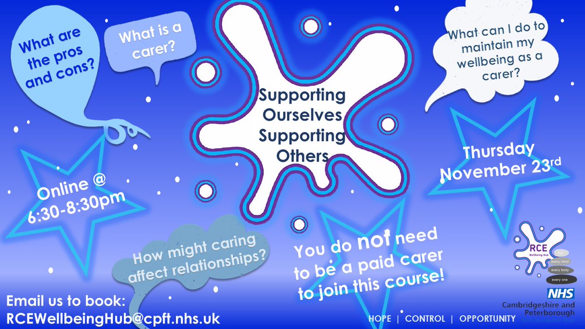 CALLING ALL CARERS! Join us online for ‘Supporting Ourselves, Supporting Others’, on Thursday 23rd November @ 6.30pm – 8.30pm. We will explore how we can look after ourselves whilst caring for others in a peer supported class environment. Get in touch to book!