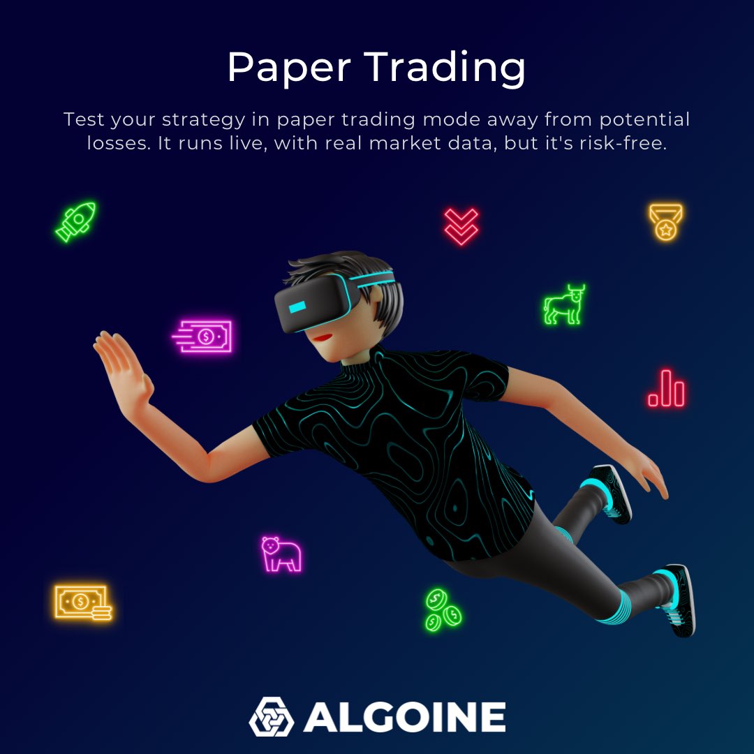 Test the strategy in paper trading mode without risking your real money. It runs live, with real market data, even calculating the margin ratio in futures market type, but it's risk-free. 

#Algoine #AlgoTrade #QuantTrade #PaperTrading #Virtual #Binance