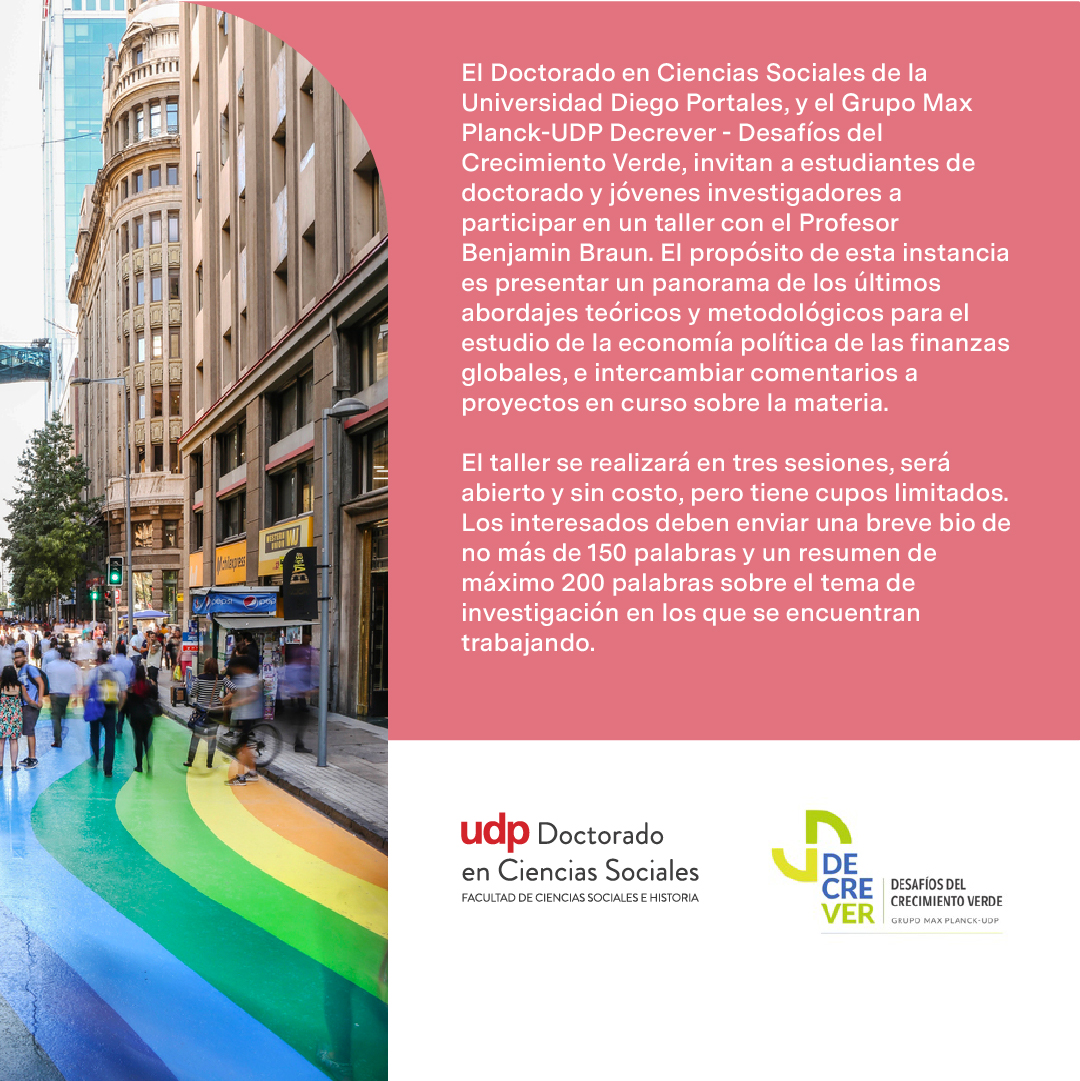 A todos quienes están interesados en el estudio de la economía política de las finanzas globales y temas afines, organizamos este increíble taller el 10 de enero con el mismísimo <a href="/BJMbraun/">Benjamin Braun</a> . Postulaciones abiertas hasta el 7 de diciembre!
<a href="/icsoUDP/">ICSO UDP</a> <a href="/CentroCOES/">COES</a>