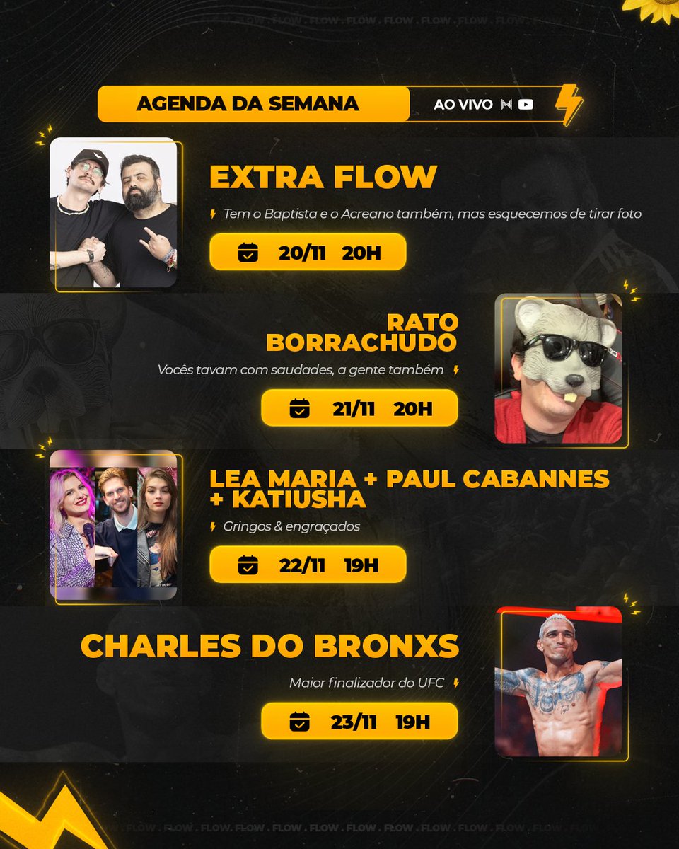 Flow Podcast on X: AGENDA DA SEMANA: • SEGUNDA 14/08 19h - Arthur