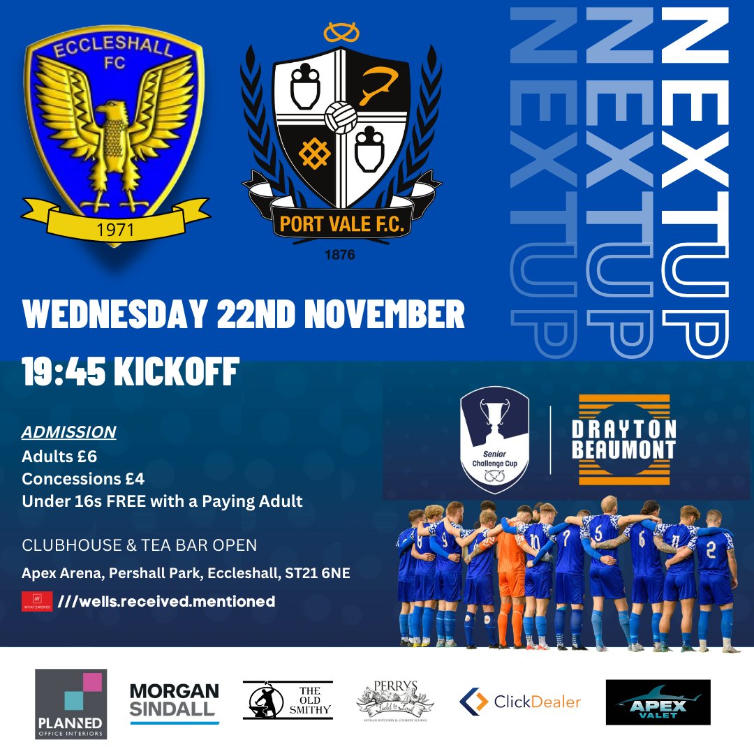 Eccleshall FC (@eccleshallfc) on Twitter photo NEXT UP we welcome <a href="/OfficialPVFC/">Port Vale Football Club</a> in the <a href="/StaffordshireFA/">Staffordshire FA</a> Senior Cup here at the Apex Arena on Wednesday night. NEXT UP we welcome <a href="/OfficialPVFC/">Port Vale Football Club</a> in the <a href="/StaffordshireFA/">Staffordshire FA</a> Senior Cup here at the Apex Arena on Wednesday night.