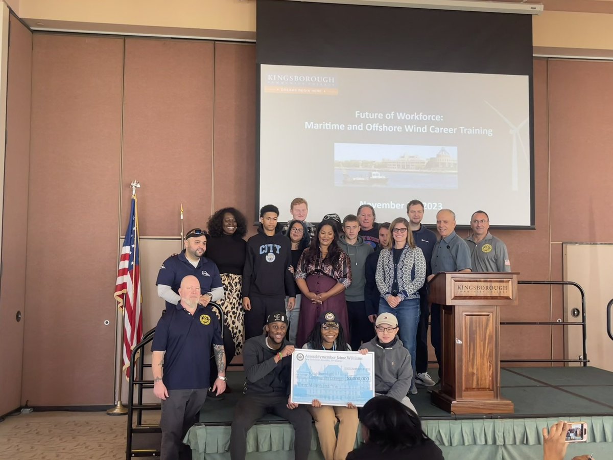 NYOffshoreWind's tweet photo. Assemblywoman Jaime Williams presents a check to @CUNYkcc for Maritime and #OffshoreWind Career Training Programs. A great day in workforce development and education. #jobs #cleanenergy https://t.co/6C5BquyPXd