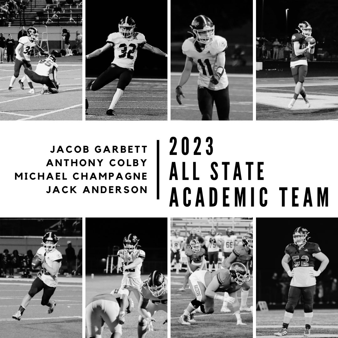 4 of our players made the all state academic team. Must be an all conference selection and have 3.5/4.0 or higher to be named to this exclusive team. Congrats, men. <a href="/Jgarbett12/">Jacob Garbett</a> <a href="/ACoIby/">Anthony Colby</a> <a href="/MichaelChampsQB/">Michael Champagne</a> <a href="/JackAndersonFB1/">Jack Anderson</a>