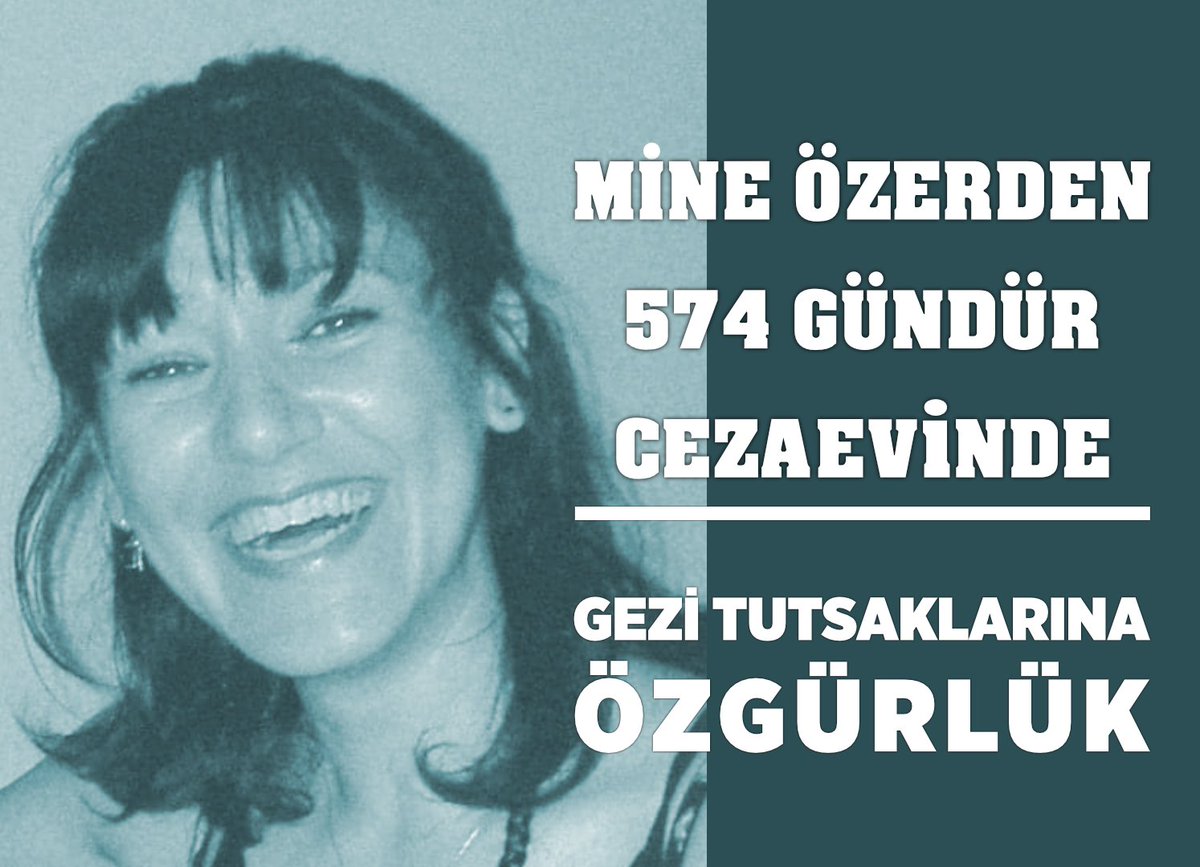 Sinemacı ve hak savunucusu arkadaşımız #MineÖzerden 574 gündür cezaevinde.

#GeziTutsaklarınaÖzgürlük
#HakHukukAdalet