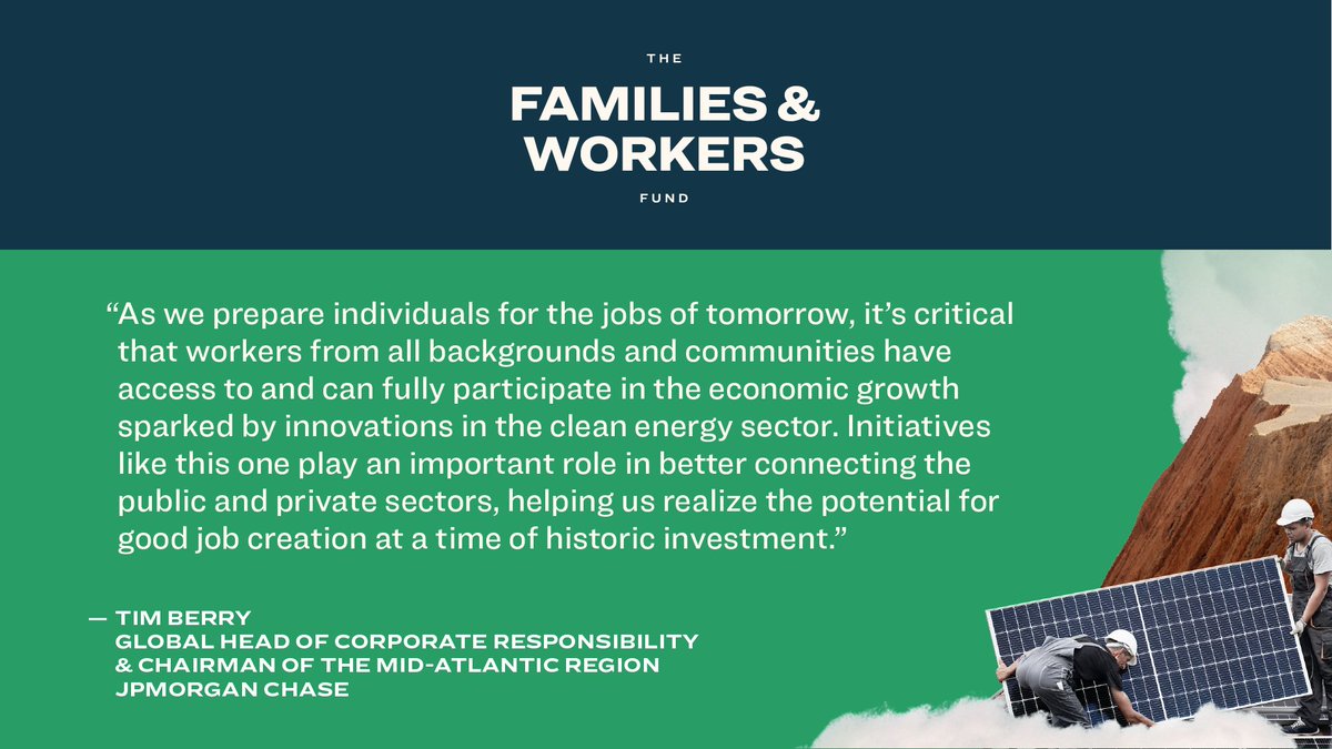 We are honored to collaborate with a diverse coalition of funders working to create #goodjobs in clean energy & infrastructure including partners like @jpmorgan Learn more + apply: familiesandworkers.org/challenge