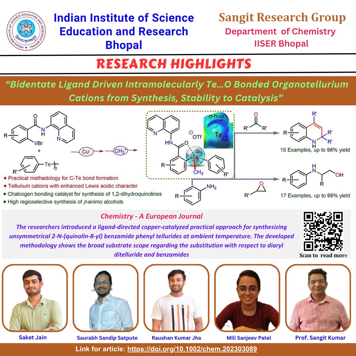 Research work on 'Bidentate Ligand Driven Intramolecularly Te…O Bonded Organotellurium Cations from Synthesis, Stability to Catalysis' accepted for publication in Chemistry-A European Journal doi.org/10.1002/chem.2… @EduMinOfIndia @IndiaDST @serbonline @ChemEurJ @chm_iiserb