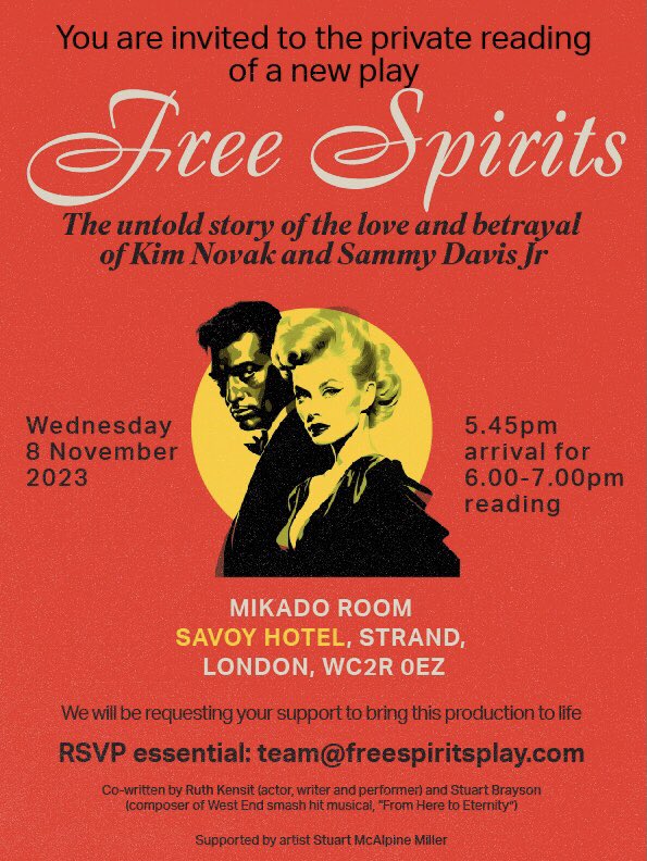 RuthKensit's tweet photo. A BIG Thanku to all those who came to watch the reading of our New Play ‘FreeSpirits’ at The Savoy Hotel. It was wonderful to play Kim Novak along side Zephryn Taitte from ‘Call The Midwife’ playing Sammy Davis Jnr Watch this space top kids 😉#WrittenbyRuthKensitandStuartBrayson https://t.co/lGgGZMyCxk