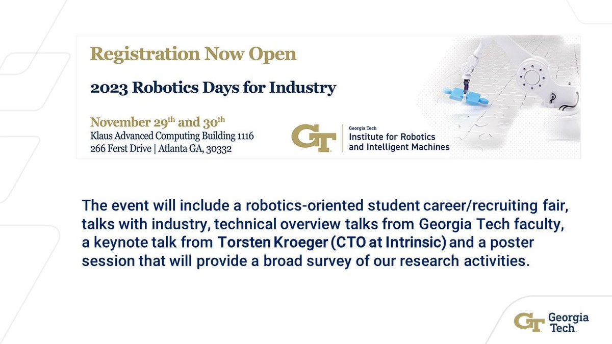 GTSCL's tweet photo. IRIM Robotics Days for Industry and GT faculty Nov 29-30. Connect with robotics experts, explore career opportunities, and more. https://t.co/NhAm6S9PDM #Robotics #TechEvent #IRIM https://t.co/gV3HaqEOke