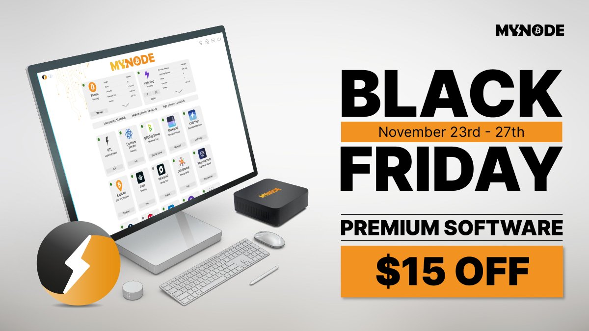 mynodebtc's tweet image. It&apos;s Black Friday!

Seize control of your hard money with #myNode Premium.

Enjoy a $15 discount and run #Bitcoin and #Lightning like a pro.

Grab it now!

mynodebtc.com/order/premium