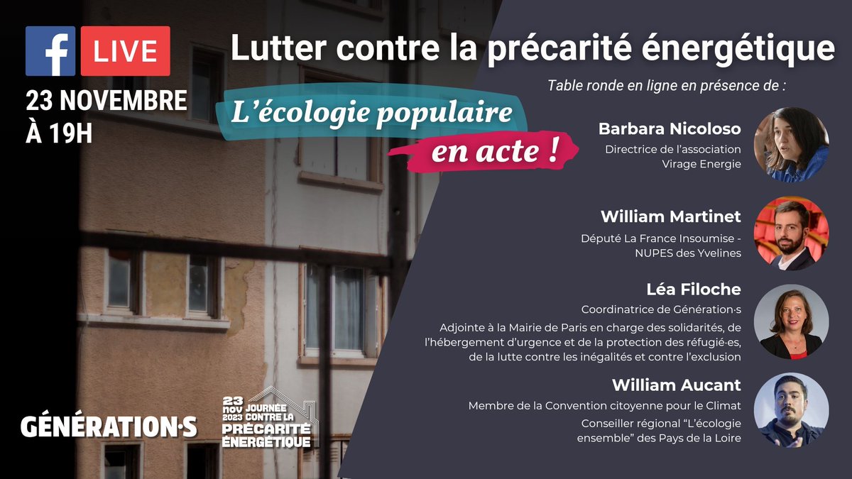 12 millions de français souffrent de précaté énergétique d'après @Abbe_Pierre, c'est alarmant !

Rendez-vous jeudi à 19h pour imaginer ensemble des solutions lors d'une table ronde organisée par @GenerationsMvt dans le cadre de la  @JCPE_fr .

#ecologiepopulaire #inflation