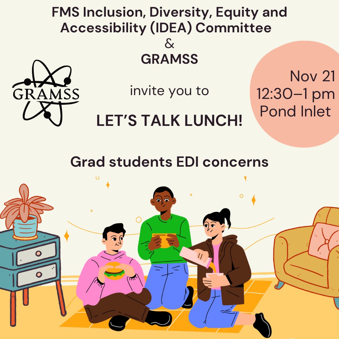 GRAMSSBrockU's tweet photo. The FMS IDEA Committee &amp; GRAMSS invite all FMS grad students to Let's Talk Lunch! Join us tomorrow for refreshments and an open discussion about equity/diversity/inclusion concerns. https://t.co/LExIsgEo6Y