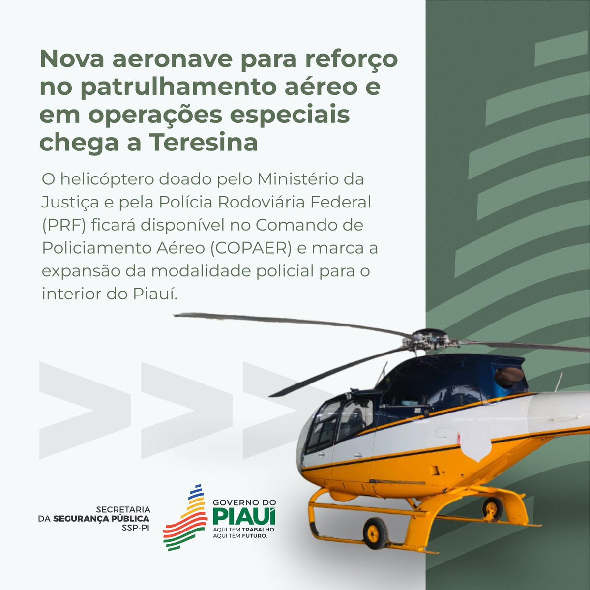 O Helicóptero Colibri EC120, doado pela PRF e Ministério da Justiça, com o apoio da Senadora Jussara Lima, chega para reforçar o patrulhamento aéreo e operações especiais.