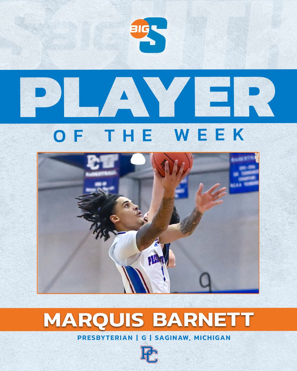 He averaged 14.5 points, 4.3 rebounds, 3.5 assists, 2.3 blocks &amp; 1.3 steals in leading PC to a 3-1 record last week 🔥

@BlueHoseHoops's Marquis Barnett is the #BigSouthMBB Player of the Week!