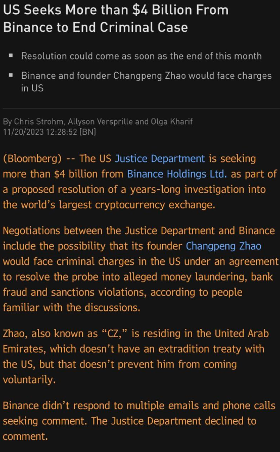 Criptoinforme's tweet image. 🚨El Departamento de Justicia de EE.UU busca multar a #Binance por  $4 mil millones de dólares  para finalizar una investigación de una causa penal sobre el exchange de criptomonedas más grande del mundo.

#CriptoInfo