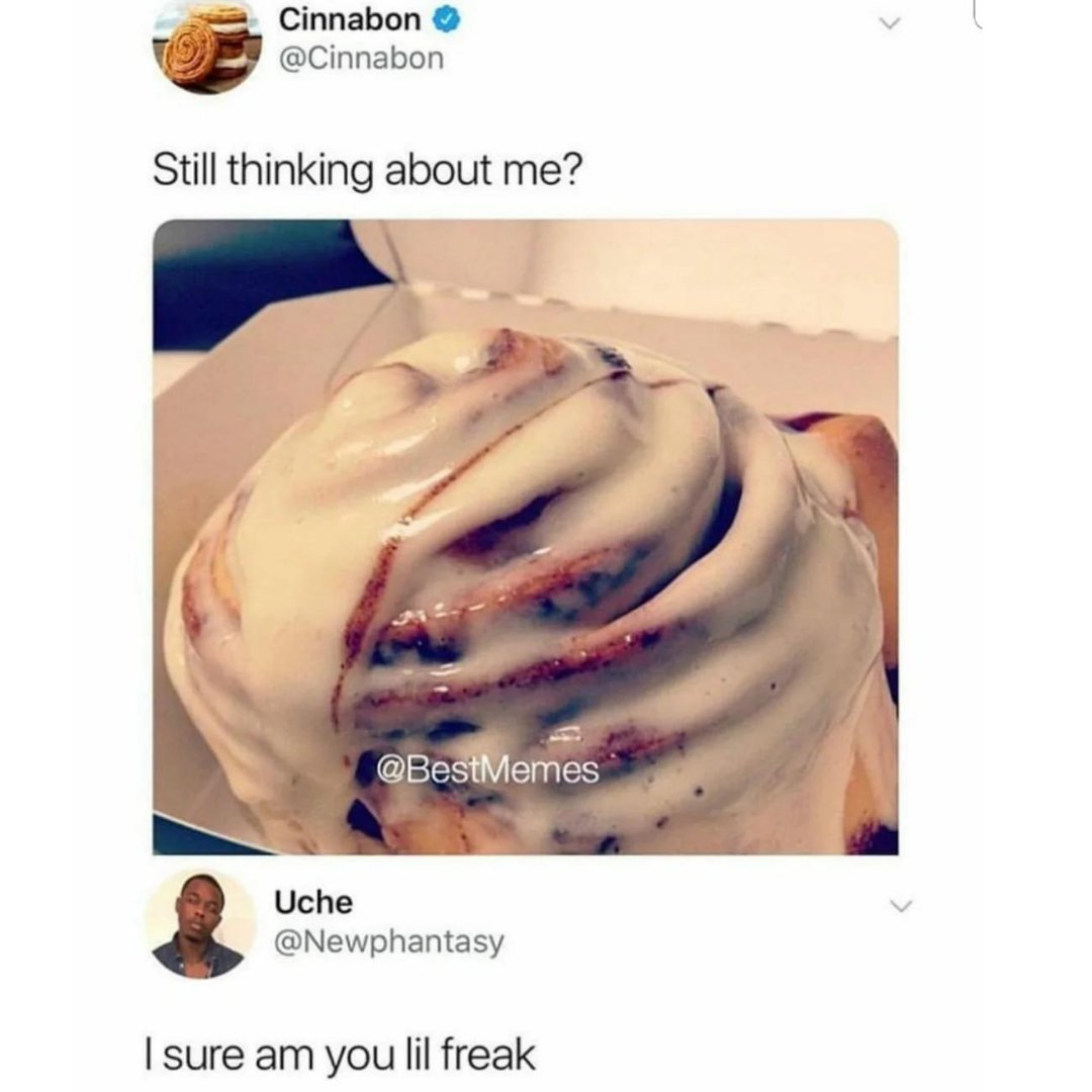 KinkyKinSocial's tweet photo. Who knew cinnabon could be so freaky?
👀
#memes #kinkmemes #nsfw #nsfwmemes https://t.co/OzY9w70o50