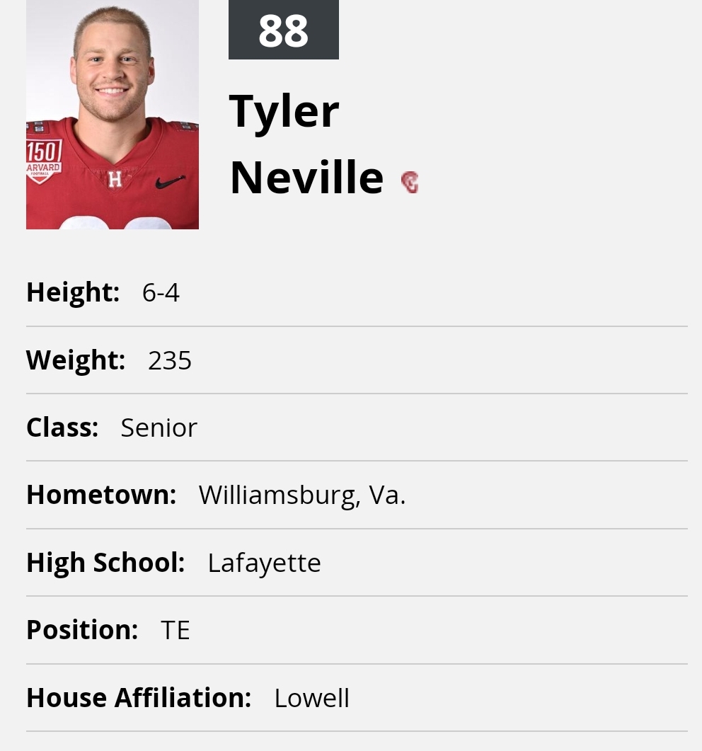 Harvard TE Tyler Neville entered the portal as a grad transfer; the All-Conference performer has totaled 62 rec for 698 yards and 8 TD during his time with the Crimson @tylerneville10