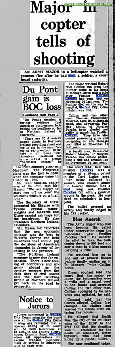 Hannyhas's tweet photo. #RememberToday 24/11/1976, Andrew Crocker, 18, soldier murdered by INLA terrorists. Shot on a foot patrol, Whiterock Rd, W Belfast. Rioting, bins rattled & whistles blown after murder. Murderer spotted from Army helicopter fleeing. Collins, McArdle, Smith and Murphy charged. #OTD https://t.co/8T2jqDeOG4