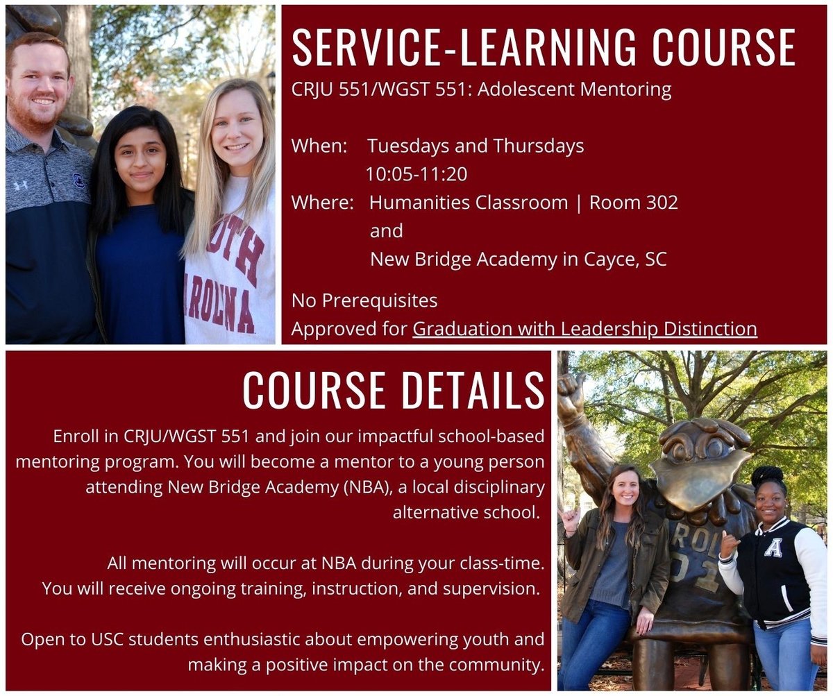 Attention USC students! 

Please see this flyer regarding Dr. Tia Andersen's service-learning course, which involves mentoring young people at New Bridge Academy, a local disciplinary alternative school.

Please spread the word and contact Dr. Andersen with any questions!