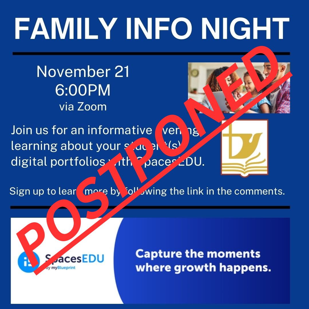 Holy Spirit Catholic School Division (@holyspiritrcsd) on Twitter photo The SpacesEDU Family Info Night that was set for Tuesday, Nov. 21st, 2023, has been postponed.
The <a href="/HolySpiritRCSD/">Holy Spirit Catholic School Division</a> apologies for the last-minute postponement and we will inform all parents and families of the new date once it has been set.
#hs4 #IBelieveInCatholicEducation The SpacesEDU Family Info Night that was set for Tuesday, Nov. 21st, 2023, has been postponed.
The <a href="/HolySpiritRCSD/">Holy Spirit Catholic School Division</a> apologies for the last-minute postponement and we will inform all parents and families of the new date once it has been set.
#hs4 #IBelieveInCatholicEducation