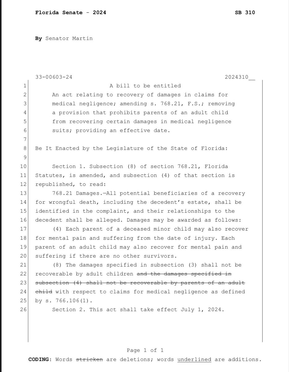 Excited to have filed my first bill for the 2024 Session, SB 310: Recovery of Damages in Claims for Medical Negligence.

When I was elected I vowed to fight for the families & children of Florida, and I look forward to passing this legislation with Rep. @SpencerRoachFL