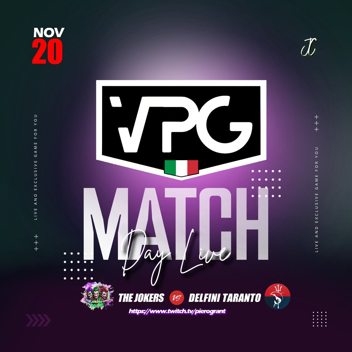 MATCH DAY!

THE JOKERS vs DELFINI TARANTO

<a href="/VPGItaly/">Virtual Pro Gaming Italy 🇮🇹</a>

live su Twitch start 21,30
twitch.tv/pierogrant

@RT_NoLimits <a href="/pctransfermarkt/">🇮🇹 PRO CLUBS TRANSFERMARKT🔍</a> @RTprocluk
<a href="/RTproclub/">𝚁𝚃𝚙𝚛𝚘𝚌𝚕𝚞𝚋</a> <a href="/RTProClubs/">RTProClubs</a> <a href="/RTProClubs/">RTProClubs</a>
<a href="/RTProClubItalia/">RT PRO CLUB ITA</a> <a href="/rtproclubitaly/">Pro-Club Italy</a>