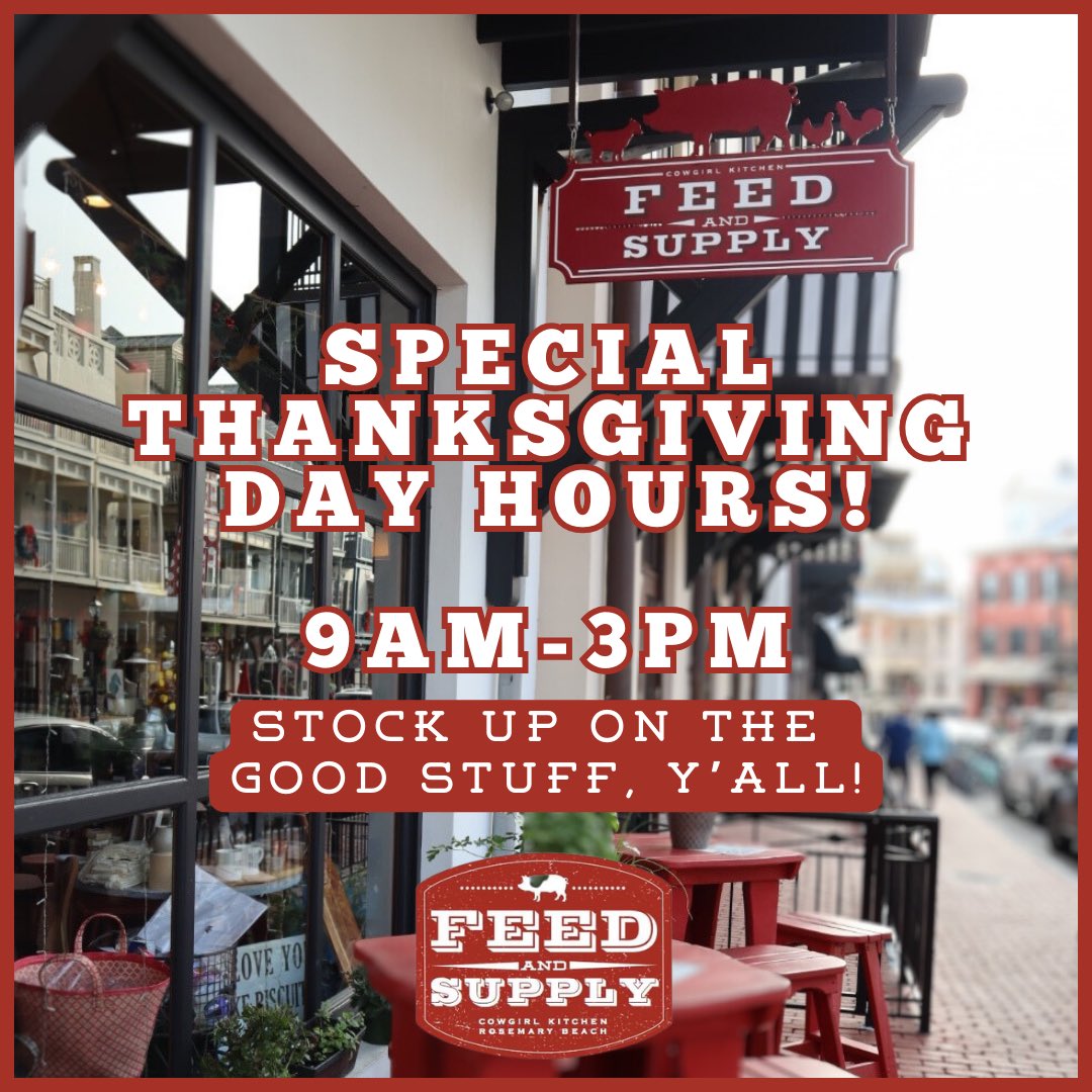 ckfeedandsupply's tweet photo. 🤠 Swing by this Thanksgiving Day between 9am and 3pm, and let us lend a hand in making your holiday truly special. From flavor essentials to down-home delights, we've got it all – serving you with a side of Southern hospitality! 🍽️ 🦃🧡
#30A #SoWal #30aLocal #Hey30A #Shop30A https://t.co/mwfPBP7PPR