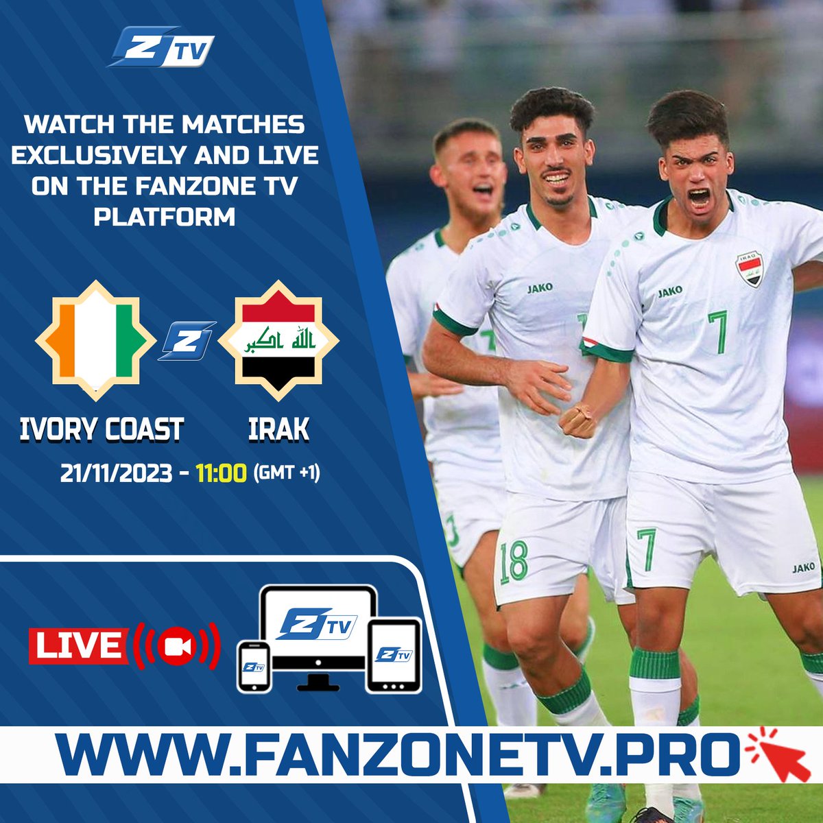 Fanzone_PRO's tweet photo. 𝐓𝐎𝐌𝐎𝐑𝐑𝐎𝐖'𝐒 𝐌𝐀𝐓𝐂𝐇 😎⚽️  

 Ivory Coast U23 🇨🇮 🆚 🇮🇶 Iraq U23  

 📺 Watch the match live on: https://t.co/1Vty9jB5li 

📅 : November 21, 2023 
🕓 : 11:00 pm (GMT +1) 
📍 : Murcia, Spain   

#Maroc #Denmark  #USA #UnitedStates #cotedivoire #Iraq #IraqU23 #ivorycoast https://t.co/7gsFQOfUDq