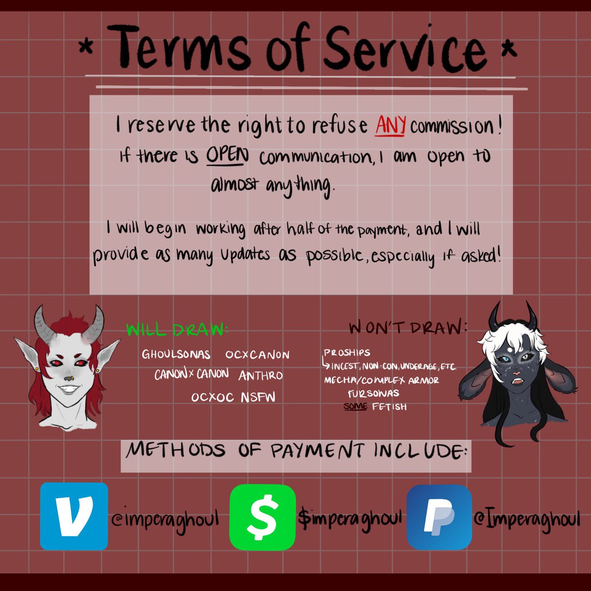 imperaghoul's tweet photo. Hey hey! Need some holiday comms? Hit me up! I do both SFW and NSFW! (I also draw more than ghouls, I’m well-versed with lots of fandoms/characters :3) 

(Ps- for NSFW art you must prove your age before I accept the commission/ provide references of My current NSFW work) https://t.co/YoN0MXdEn6