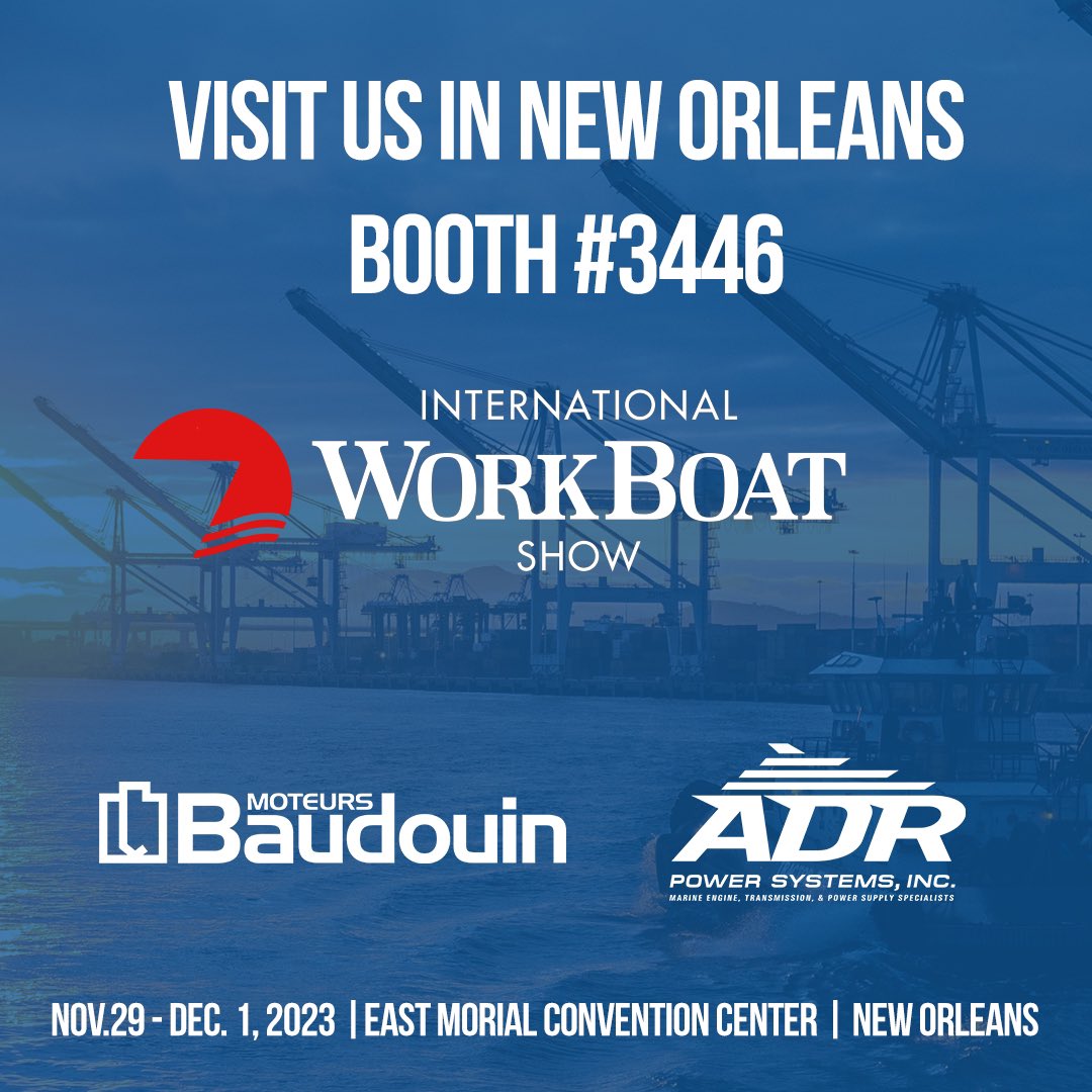We are a week away from the International WorkBoat Show. Come check out what we have in store this year.

#ADRPowerSystems #workboat #iwbs23 #Baudouin #alamarinjet #neworleans #marinetransmissions #dieselengines #waterjetpropulsion