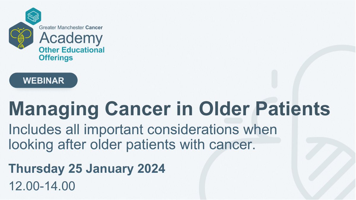 Are you involved in the treatment of older patients with cancer?

Join us on 25-Jan for the Managing Cancer in Older Patients webinar 💻 

This webinar will cover all important considerations when looking after older patients with cancer. 

Register here👉 bit.ly/3QMO0m2