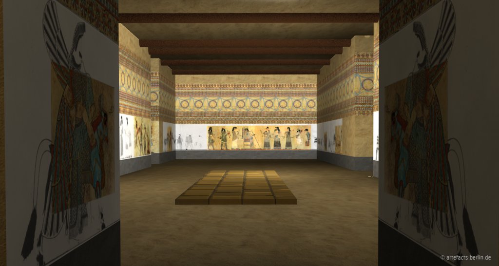 The palace at Til Barsib (Syria) was richly decorated with wall paintings in the Assyrian fashion ar. 744-631 BCE..  Our visualisation combines the black and white copies and the coloured photographs, and places them into their architectural context. 

🔗 artefacts-berlin.de/portfolio-item…