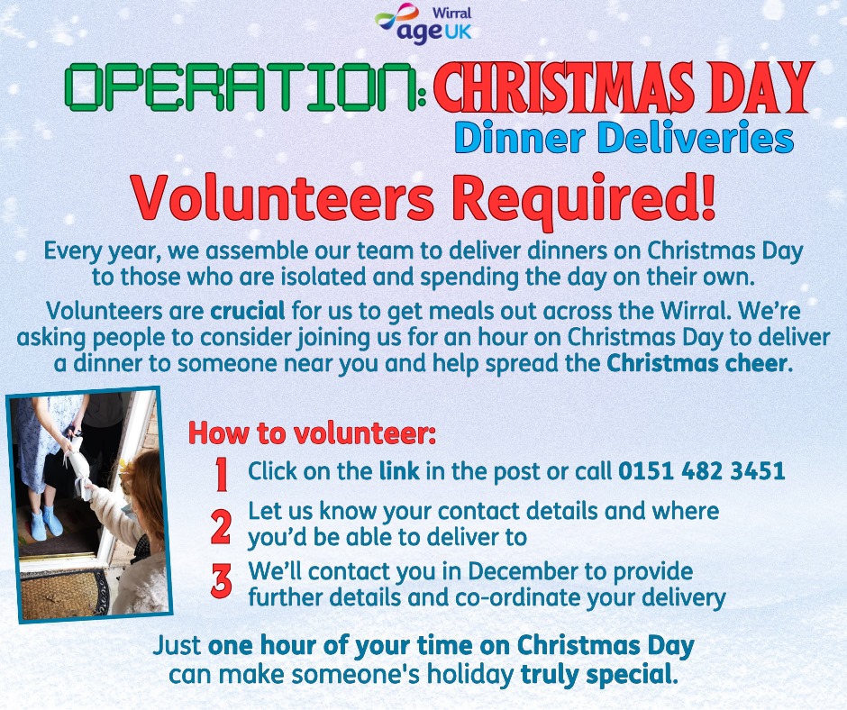 AgeUKWirral's tweet photo. Help us to spread Joy this Christmas 🎄

Join us in delivering dinners to isolated individuals on Christmas Day and bring warmth and happiness to their holiday.

@AgeUKWirralCEO
https://t.co/lerf3CgAk1

#ChristmasVolunteers #SpreadJoy #CommunityLove https://t.co/4lJbqHGDH6
