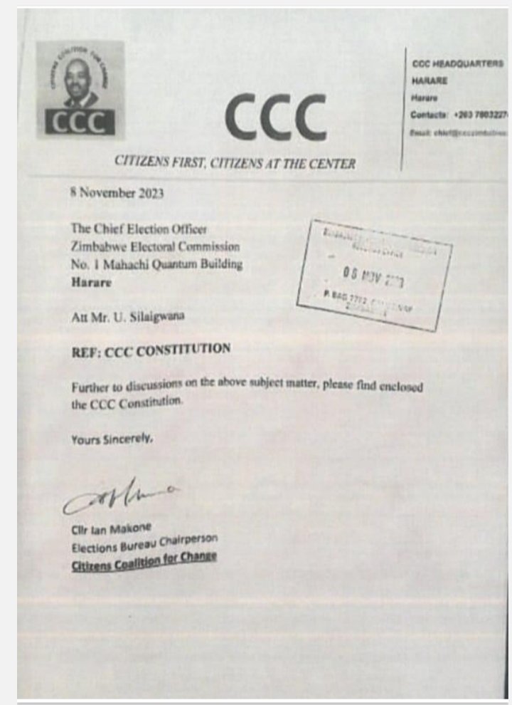 The CCC constitution requested by ZEC in January 2022 has now been delivered to Silaigwana almost 2 years later. But it's a shallow document that serves no purpose. 🔸No rights or responsibilities for members 🔸Roles of office bearers (bureaus) are not defined. It's just a…