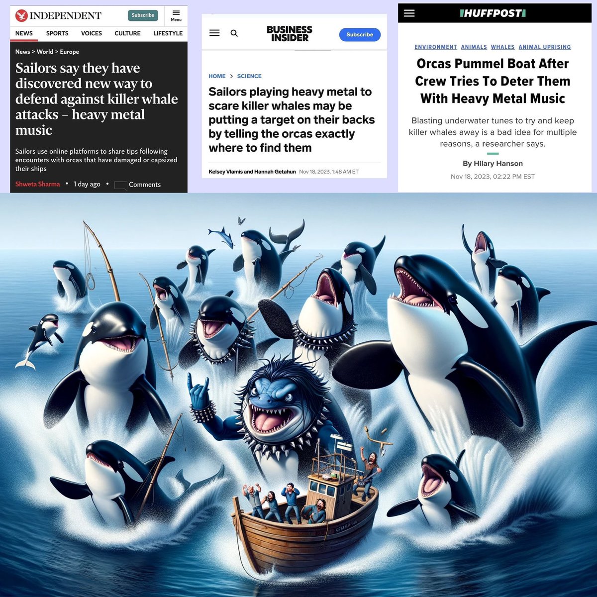 That moment when you read a hilarious series of headlines and ask <a href="/ChatGPTapp/">ChatGPT</a> to create an image and it nails it perfectly. #orcawhales #heavymetal #chatgpt